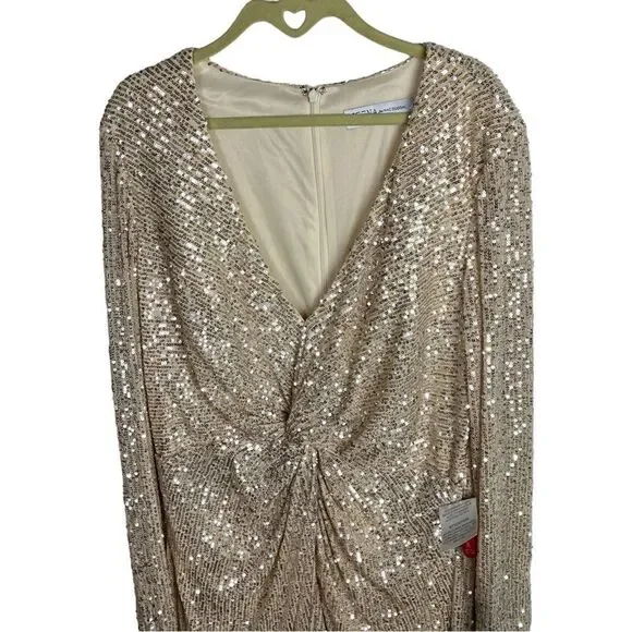 Ieena Mac Duggal Dress WMNS 16 Gold Sequin Knotted Long Sleeve Midi 26549 Plunge - Picture 2 of 11